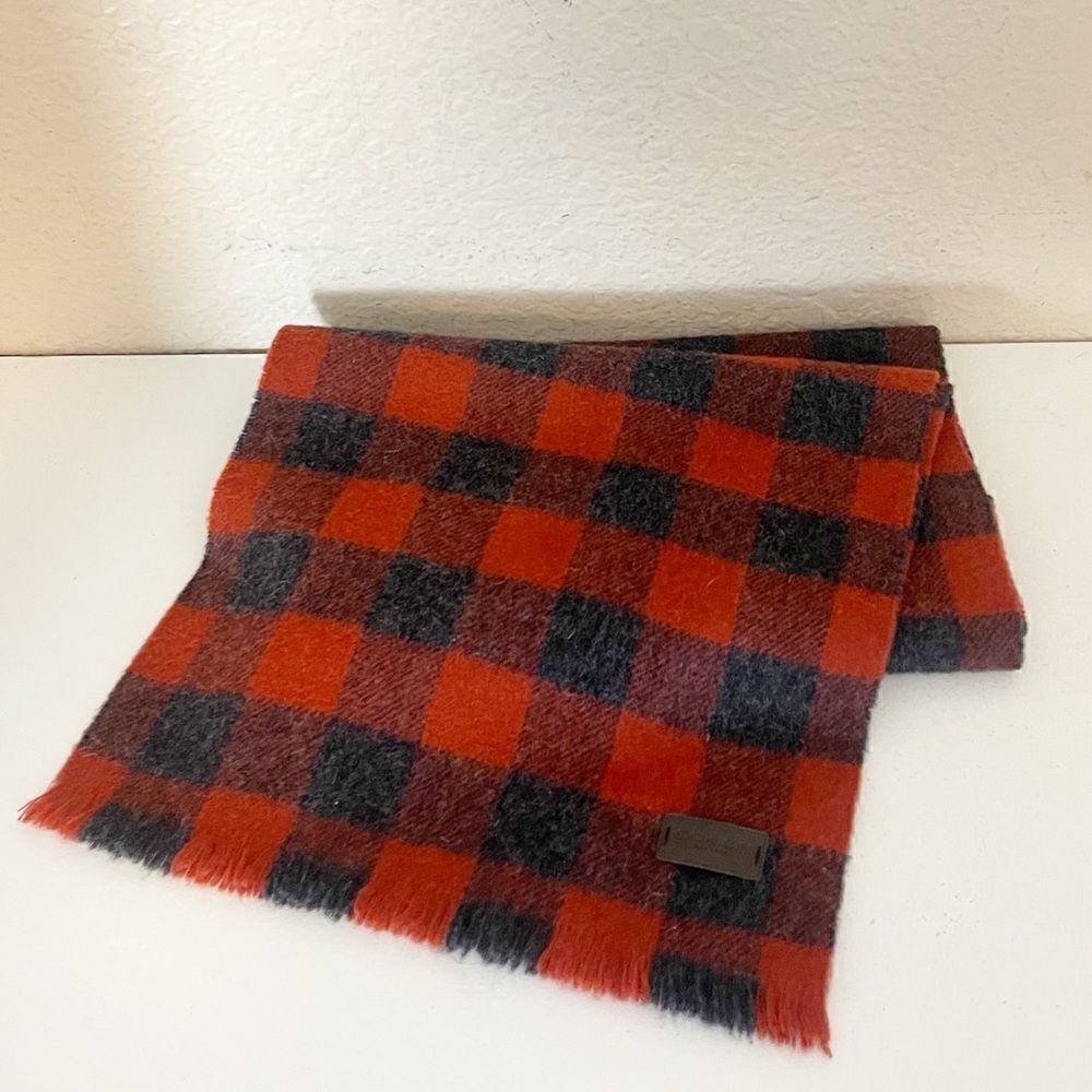 COACH Wool Red & Black Plaid Scarf with Fringe